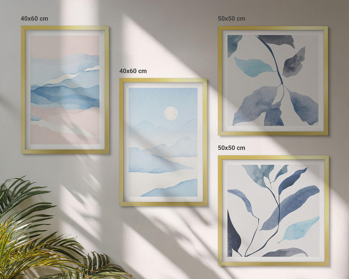 WANDBILDER 4er Set - 50x50 cm & 40x60 cm Goldrahmen - Berglandschaften, Aquarellpflanzen - Goldfarben, Kunststoff (50/50cm) - ArtPrintCave