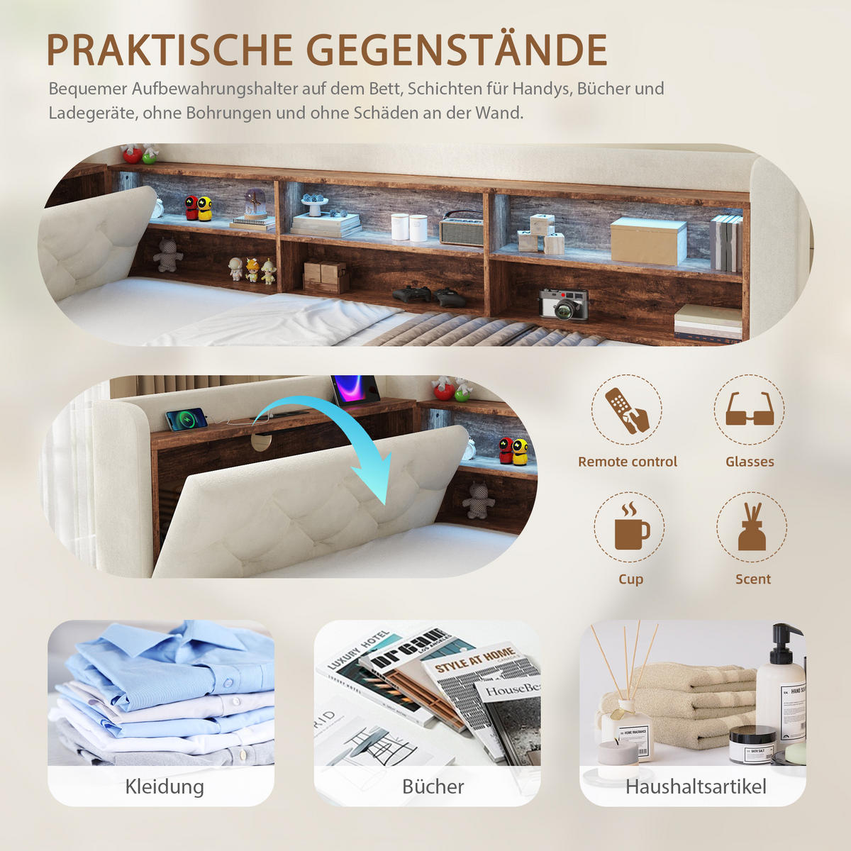 TAGESBETT Ausziehbar 90/180x190cm, Samt, LED/USB/Stauraum, Beige - Beige, Holz/Textil - LVHOM