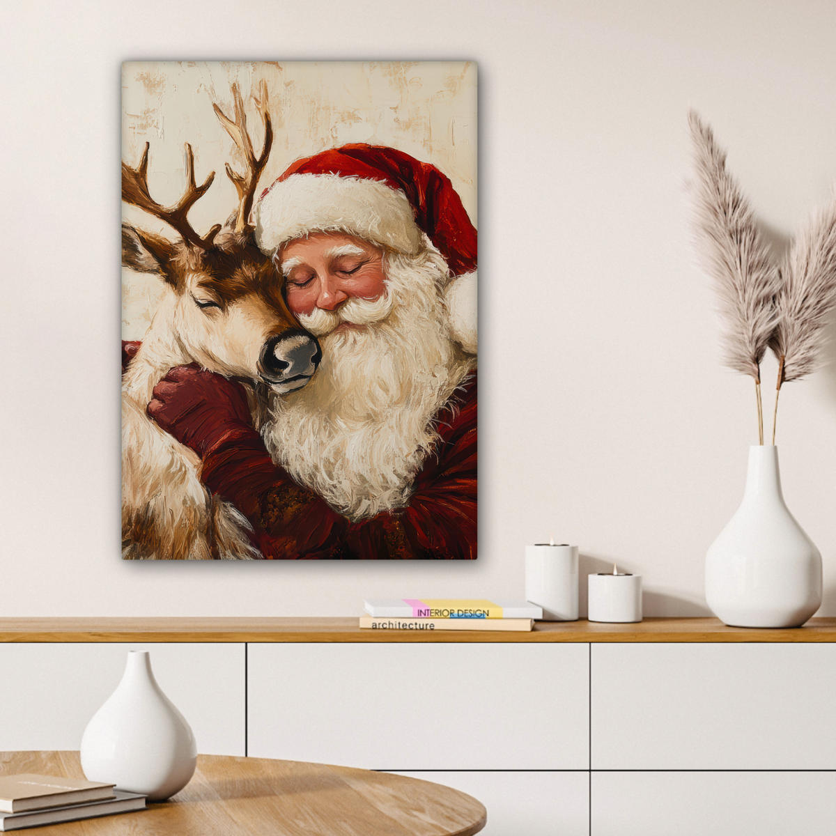 LEINWANDBILD Weihnachtsmann - Rentier - Weihnachten Wandbild Wohnzimmer 60x80 cm - Rotbraun, Textil (60/80cm) - MuchoWow