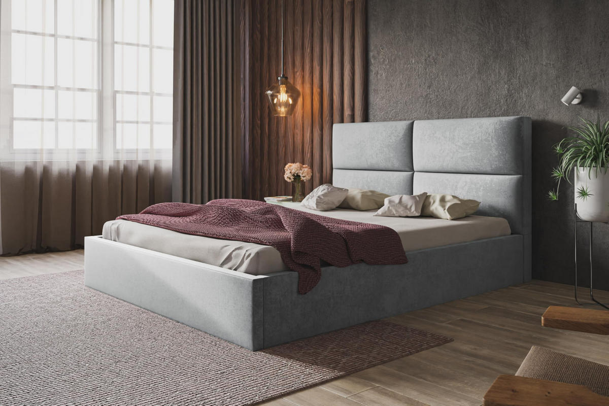 BETT 90x200 - Polsterbett mit Bettkasten und Holzrahmen - Modern Betten - Weicher Jasminstoff - Kollektion Lizbona, Grau - Grau, Holz/Textil (90/200cm) - Alpi-Möbel