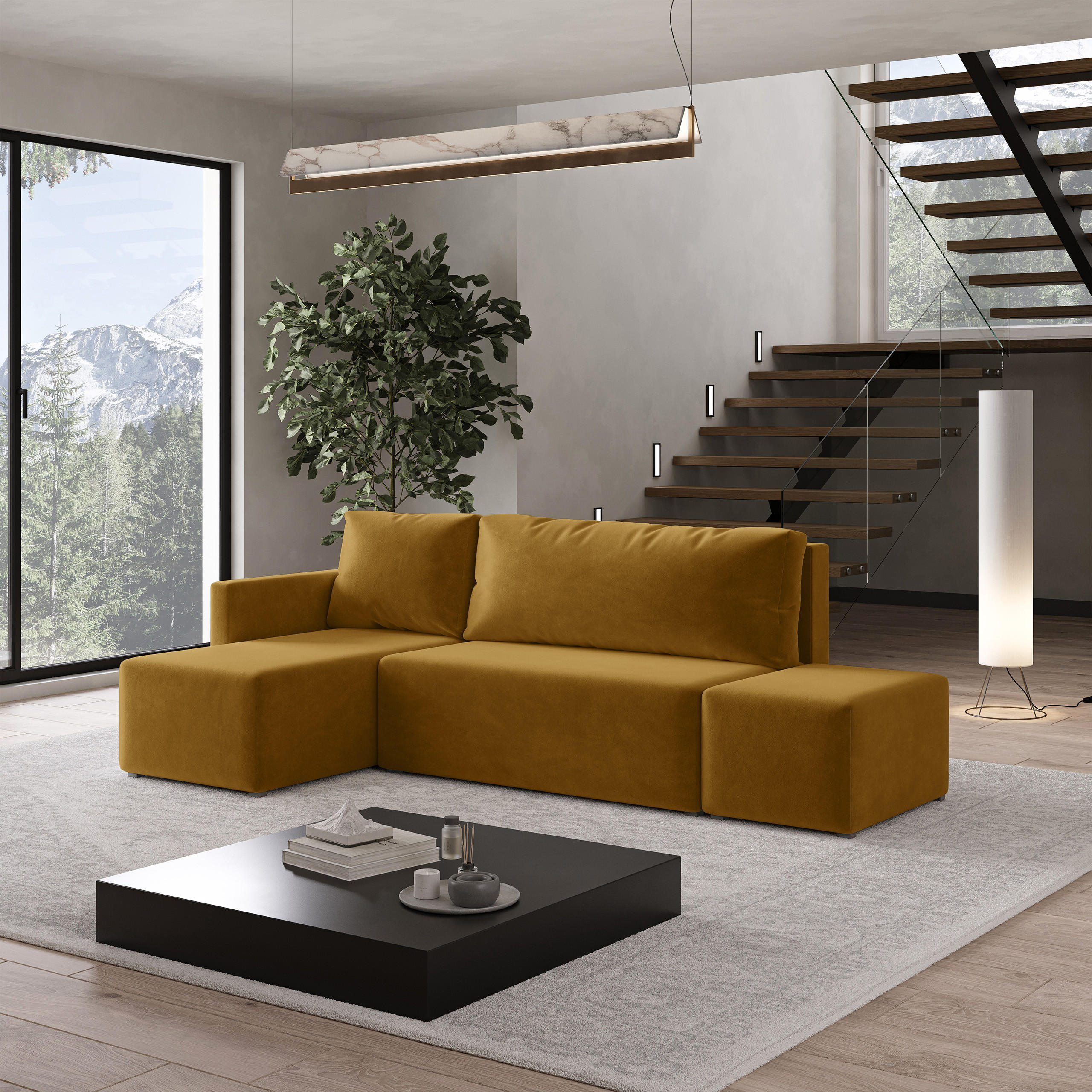 ECKSOFA VELOTTI L-S Gelb Plüsch-Stoff mit Schlaffunktion - Gelb, Holz (261/143cm) - MASSENO