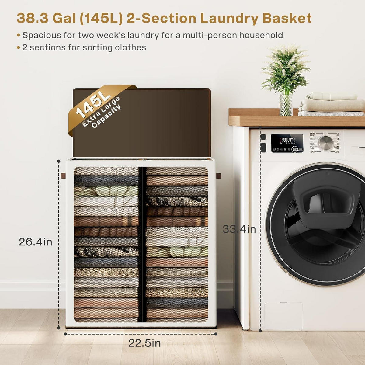 WÄSCHEKORB mit Deckel 145L 2 Fächer Beige - Multicolor, Textil (38/67/58cm)
