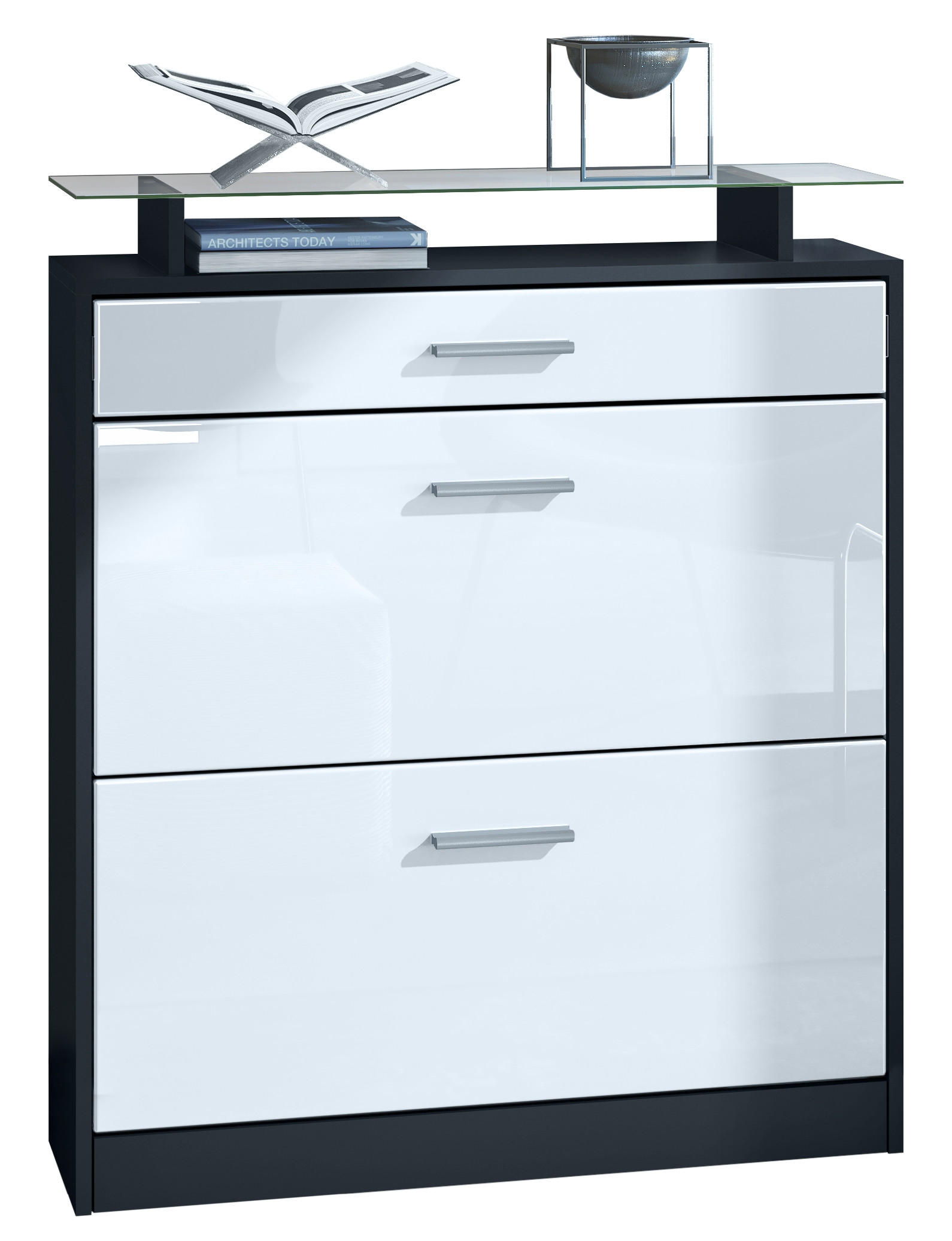 Vladon Schuhschrank Weiß Hochglanz 89x104x23 cm