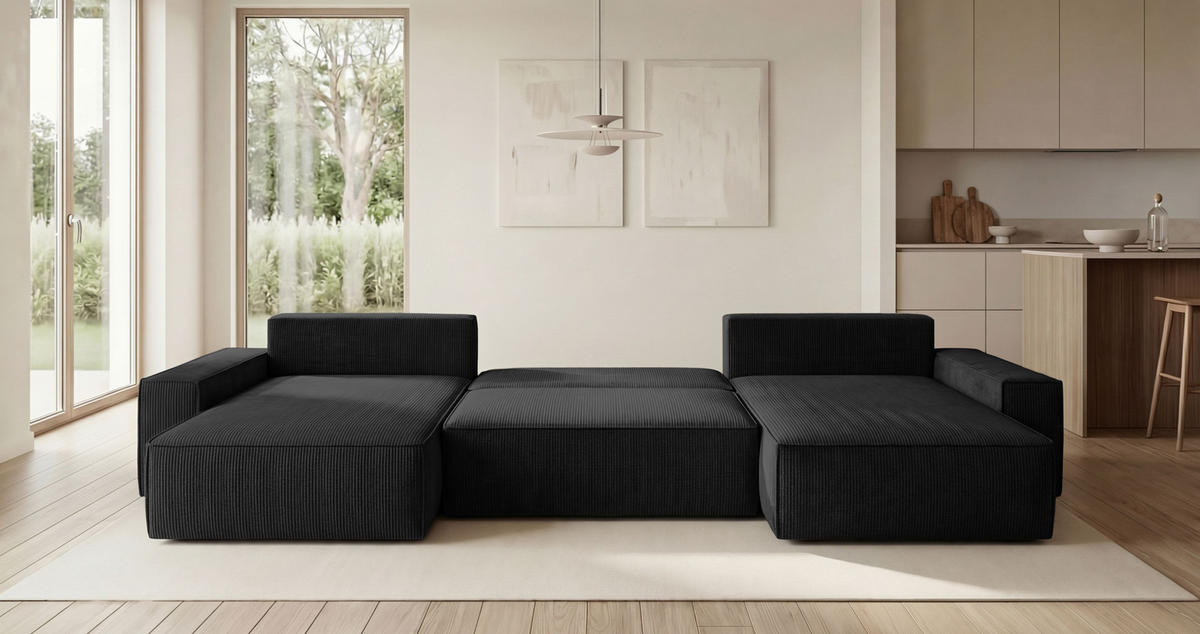 ECKSOFA CALIFORNIA U-Form schwarz Cord POSO 135 - Schlaffunktion, Bettkasten - Schwarz, Textil (385/185cm) - Cornero