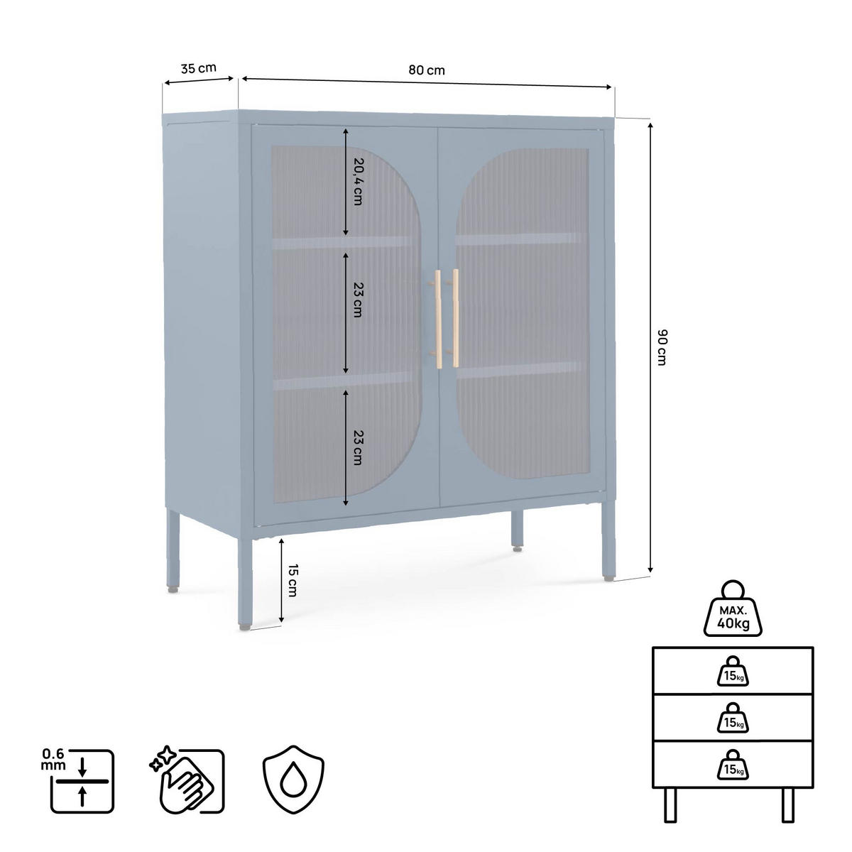 LUKA 2-türiges Metall-Sideboard in Mitternachtsblau mit geriffeltem Glas, 80 cm - Dunkelblau, Metall (80/90/35cm) - Sicaan