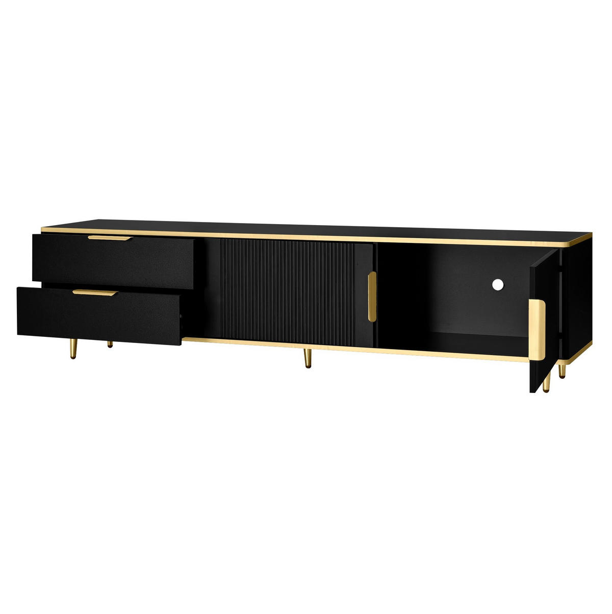 LOWBOARD 170/45/37 cm aus MDF und Holzwerkstoff mit geschnitzten Fronten Schwarz/Gold - Schwarz, Holzwerkstoff (175/45/40cm) - Modenvie