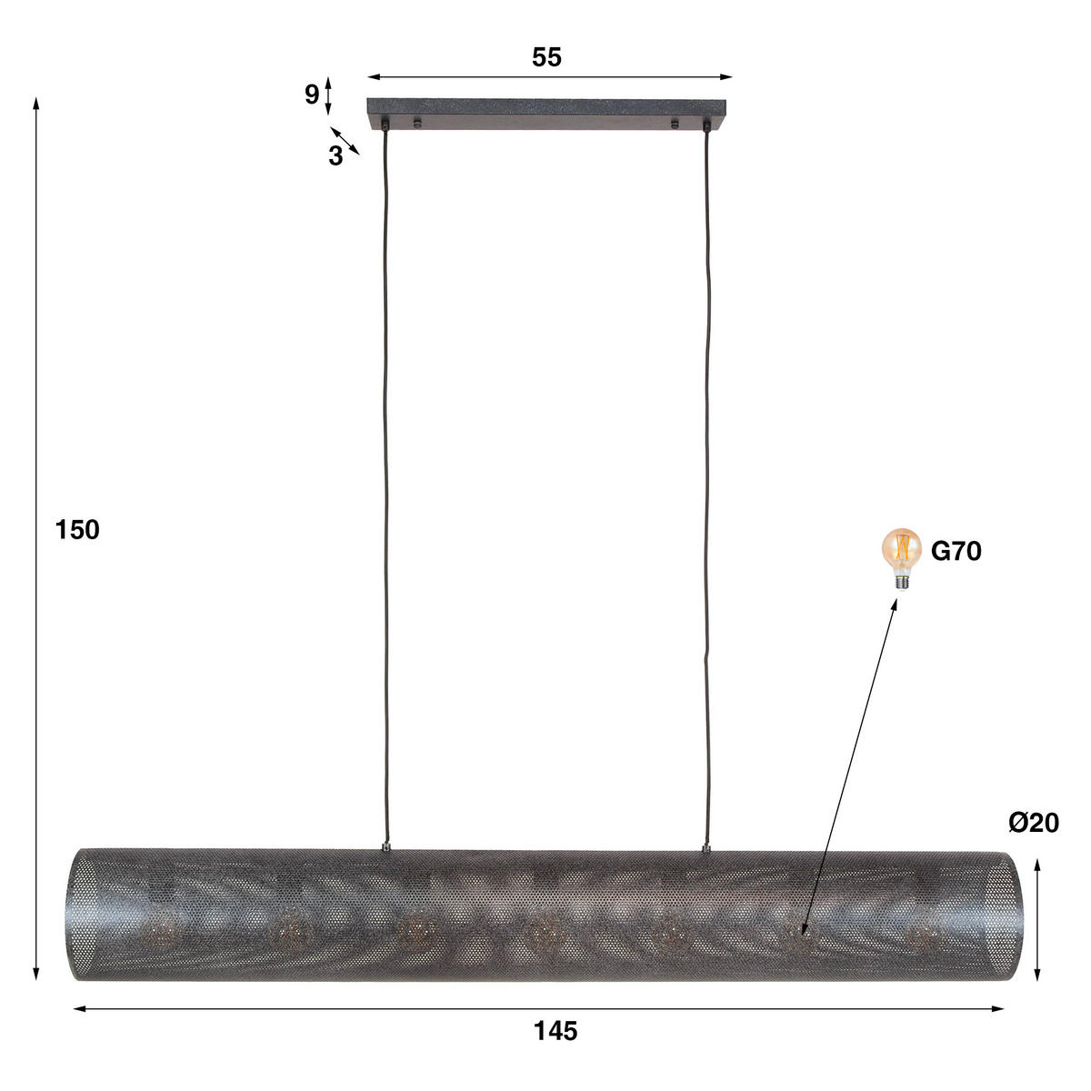 HÄNGELEUCHTE Tube Schwarz 20/145/ 150 cm - Schwarz, Metall (20/145/150cm) - Hoyz Collection