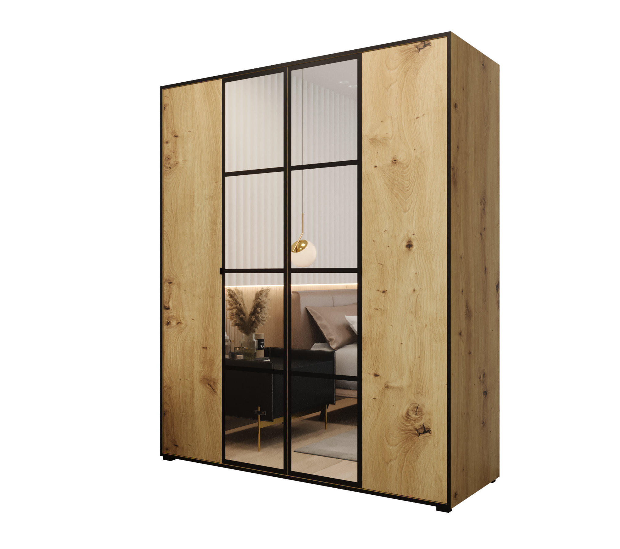 DREHTÜRENSCHRANK MODENA 180, 4-türig Kleiderschrank mit 2 Spiegel, Moderne Garderobe, Schrank in Größe: 180 x 206 x 65 cm - Schwarz/Braun, Holzwerkstoff (180/206/65cm) - O-Sofa