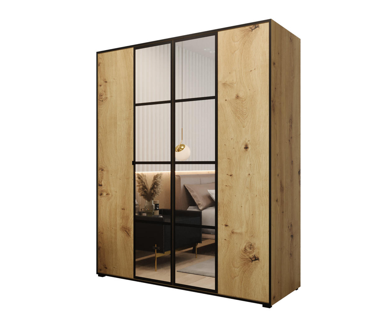 DREHTÜRENSCHRANK MODENA 180, 4-türig Kleiderschrank mit 2 Spiegel, Moderne Garderobe, Schrank in Größe: 180 x 206 x 65 cm - Schwarz/Braun, Holzwerkstoff (180/206/65cm) - O-Sofa