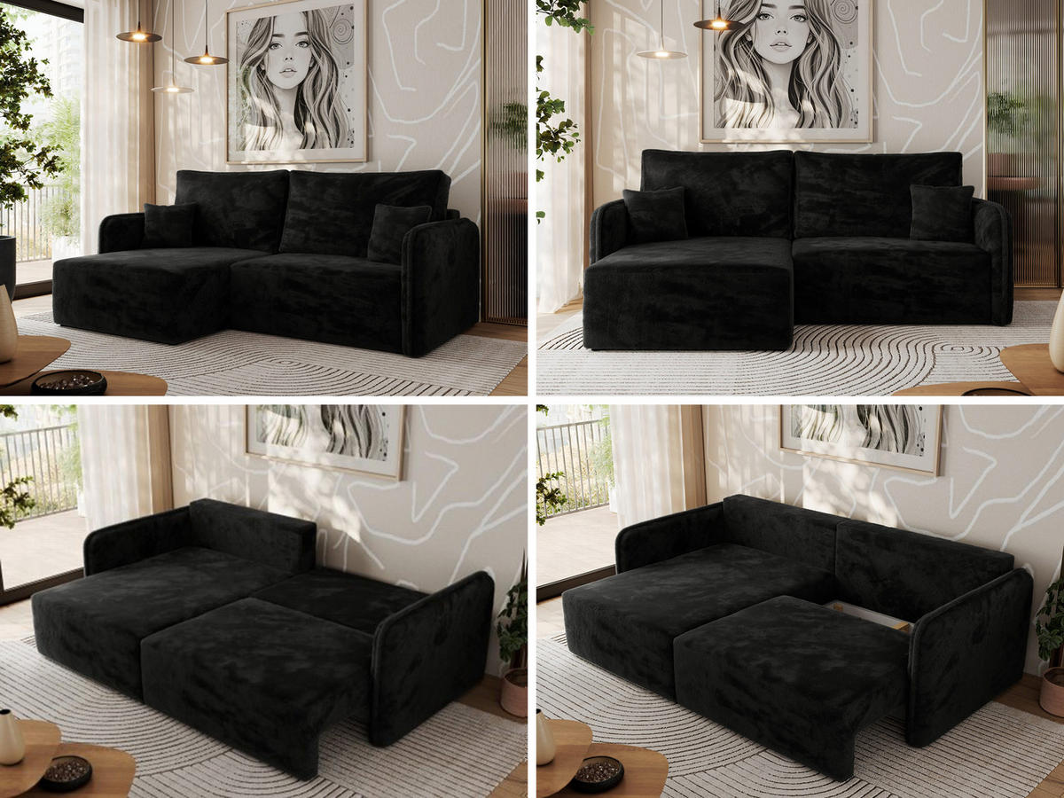 ECKSCHLAFSOFA MESTO L Schwarz Plüsch - links - Schwarz, Kunststoff/Textil (227/147cm) - MKS
