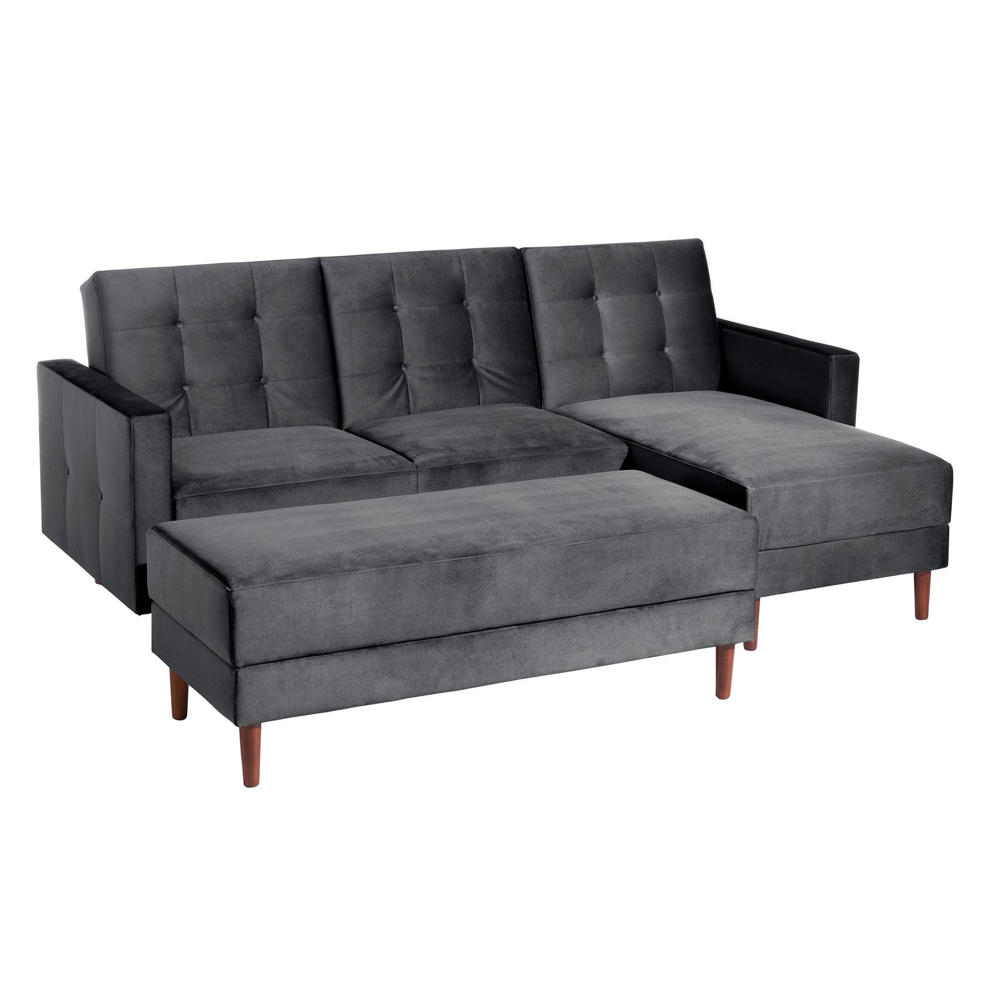 FUNKTIONSSOFA mit Hocker Katunia Samtvelours graphit - Graphitfarben, Kunststoff (222/92/144cm) - 58aufmkessel