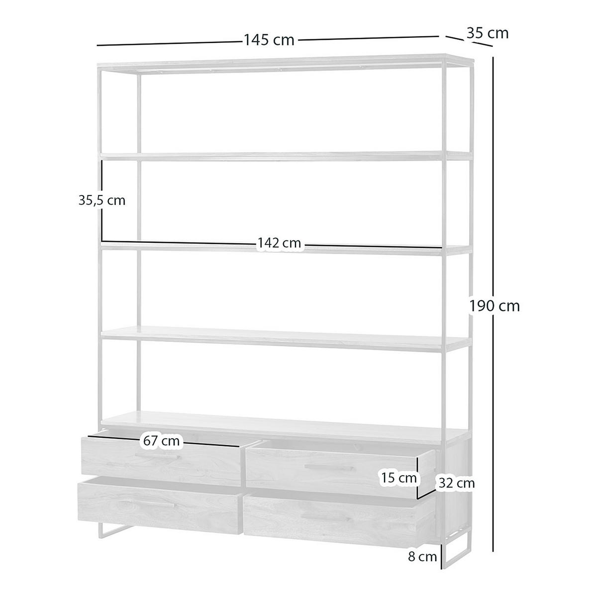 REGAL mit 4 Schubladen - Akazie massiv / Eisen - Akaziefarben, Holz (145/190/35cm) - home24