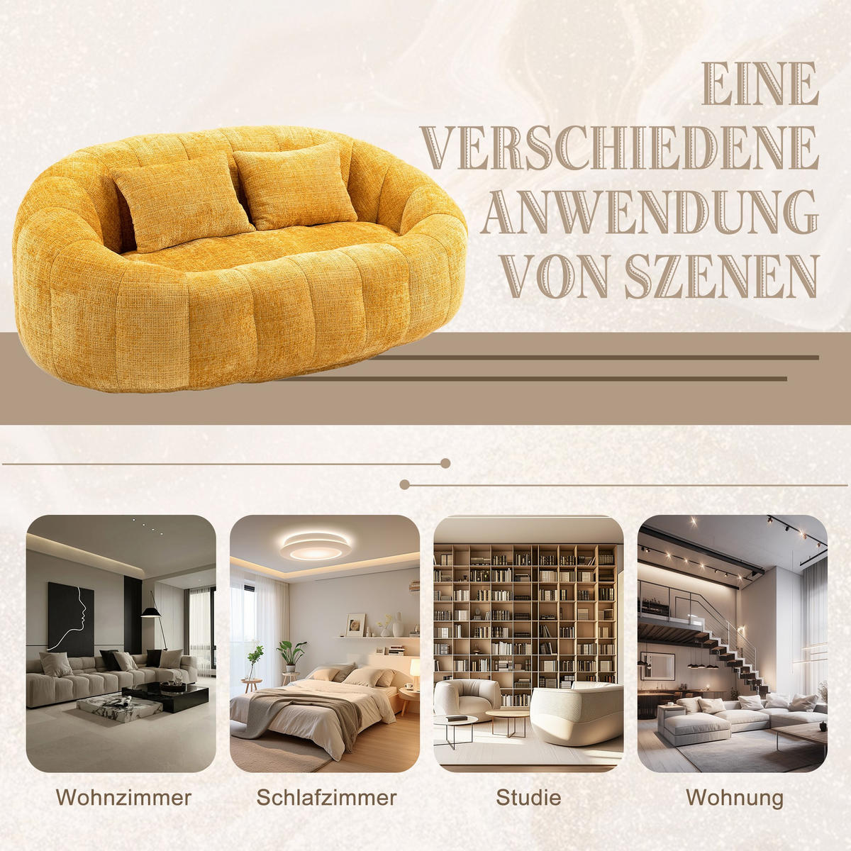 SITZSACK Chenille, Sofa mit 2 Kopfkissen,XXL Lounge-Sofa,Gelb - Gelb, Textil (145/63/95cm) - LVHOM