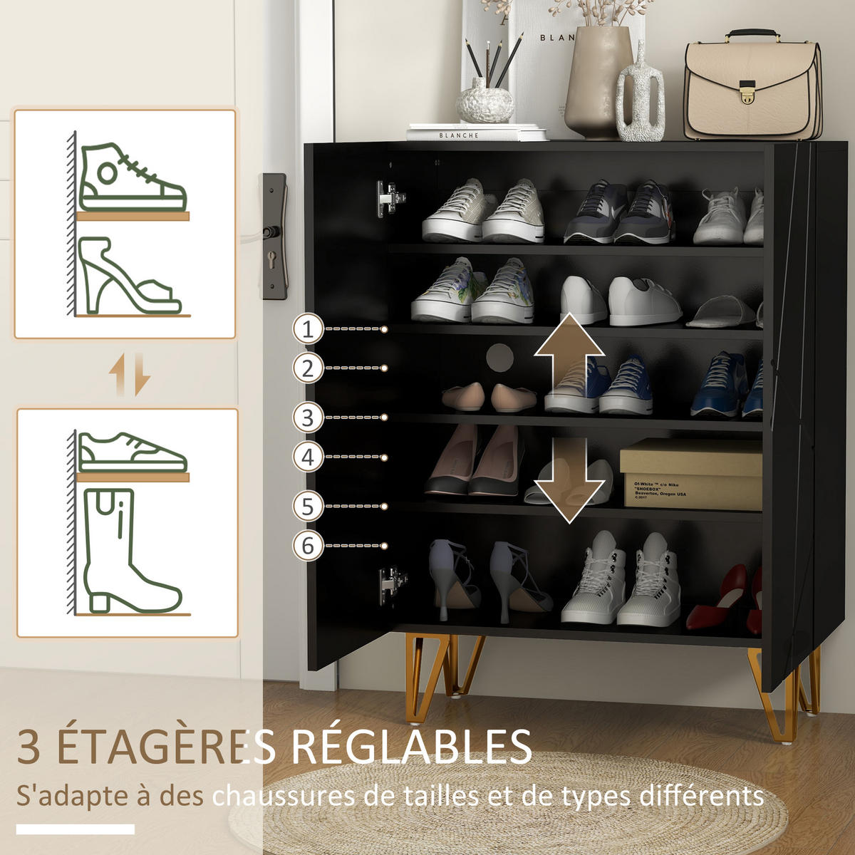 SCHUHSCHRANK DE-15015 2 Türen mit verstellbaren Böden Schwarz Hochglanz - Schwarz, Holzwerkstoff (72/95/31.5cm) - ComfortXL