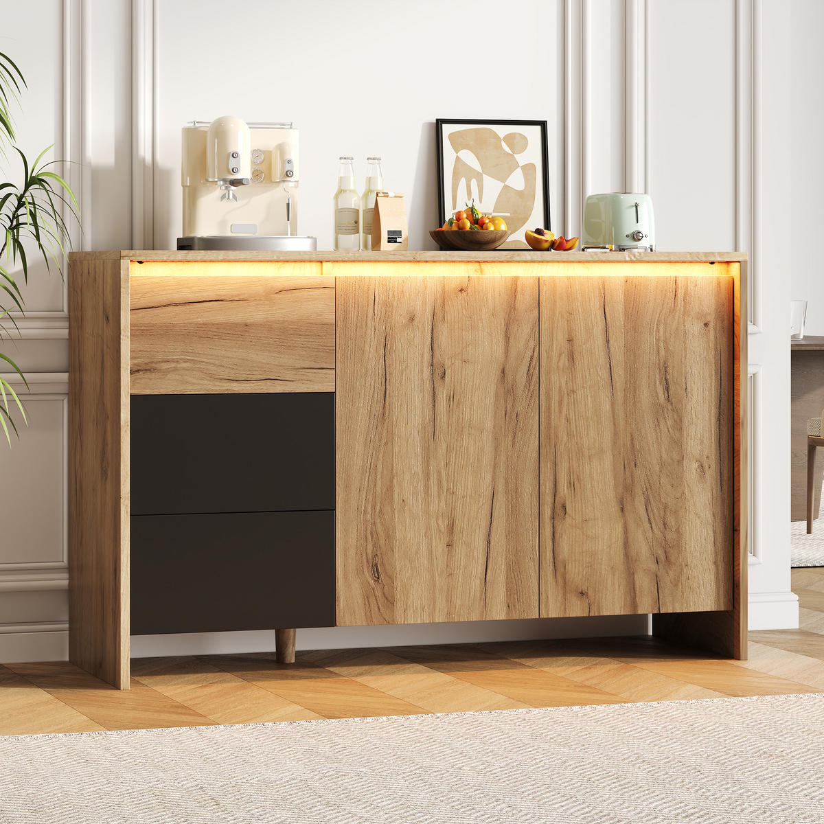 SIDEBOARD 120/40/76 cm mit 2 Türen, 3 Schubladen und LED-Beleuchtung - Schwarz, Holzwerkstoff (120/76/40cm) - BEAOK