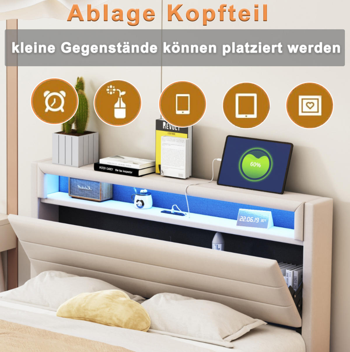 POLSTERBETT mit Bettkasten 160/200 cm mit LED-Beleuchtung und USB, Beige - Beige, Textil (160/200cm) - BEAOK