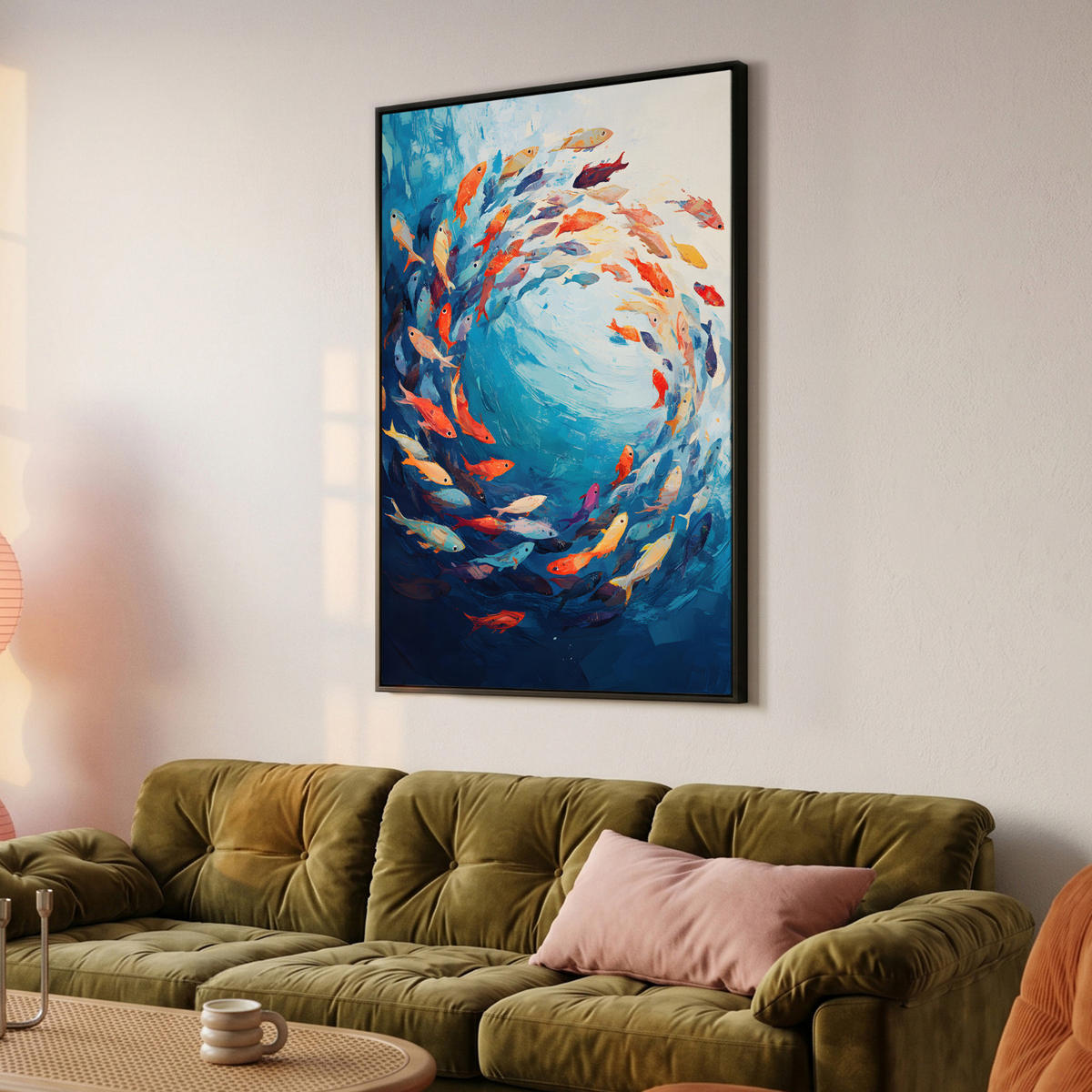 LEINWAND Bilder mit Rahmen - Meer - Fische - Bunt - Dynamisch - 80x120 - Hellblau, Textil (80/120cm) - MuchoWow