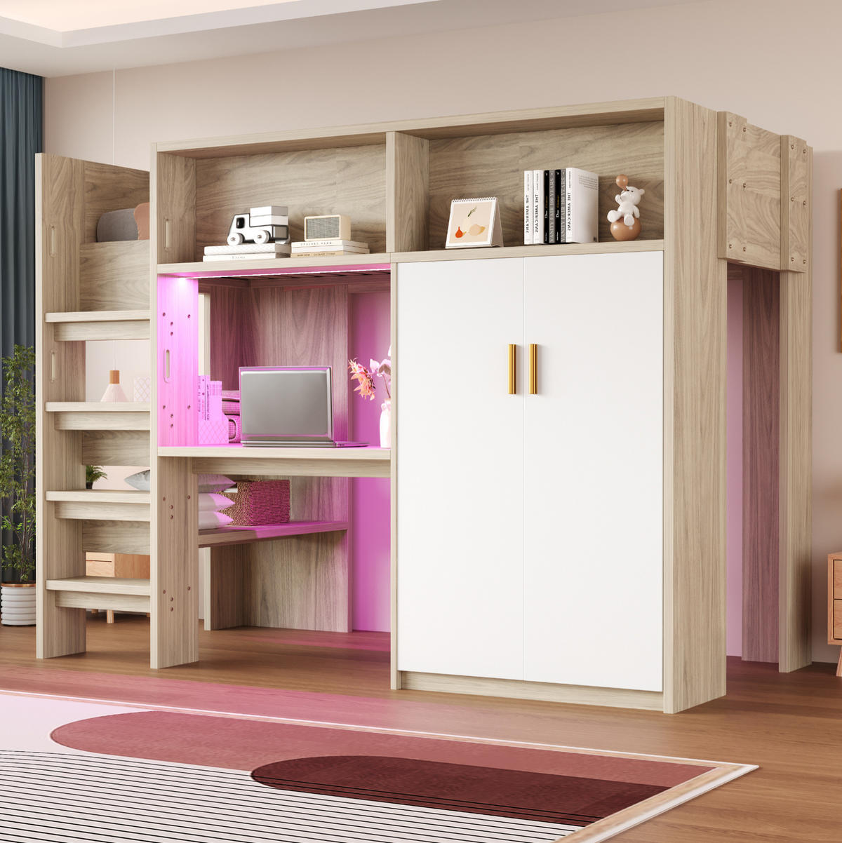 HOCHBETT 90/200 cm mit Schreibtisch, Kleiderschrank, Regal, LED und Lattenrost aus Holzwerkstoff, Naturfarben/Weiß - Naturfarben, Holzwerkstoff (90/200cm) - Redom