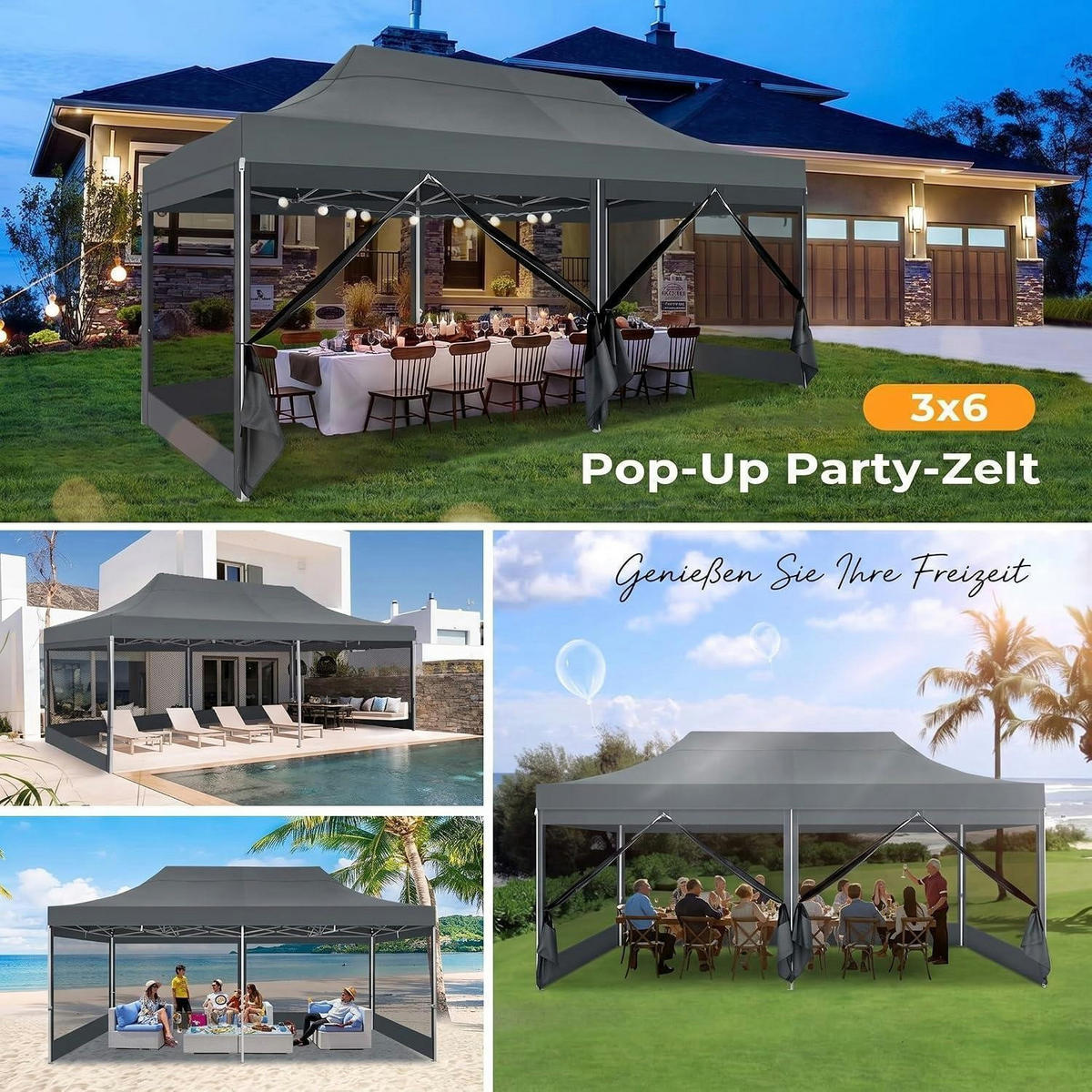 FALTPAVILLON 3x6m Grau Wasserdicht mit 6 Seitenwänden - Grau, Textil (300/335/600cm)