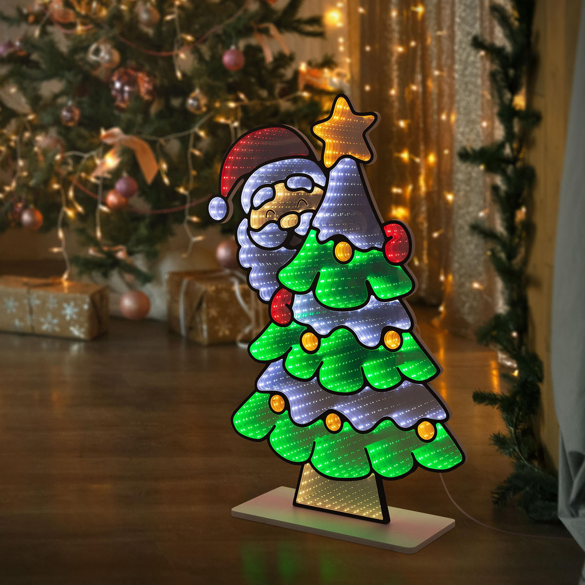 VÁNOČNÍ DEKORACE Vánoční stromek se Santa Clausem, LED zrcadlo s nekonečným 3D efektem a světelnou řetězem 58x80 cm, interiér - různobarevná, plast (58/80/18cm) - ECD-Germany