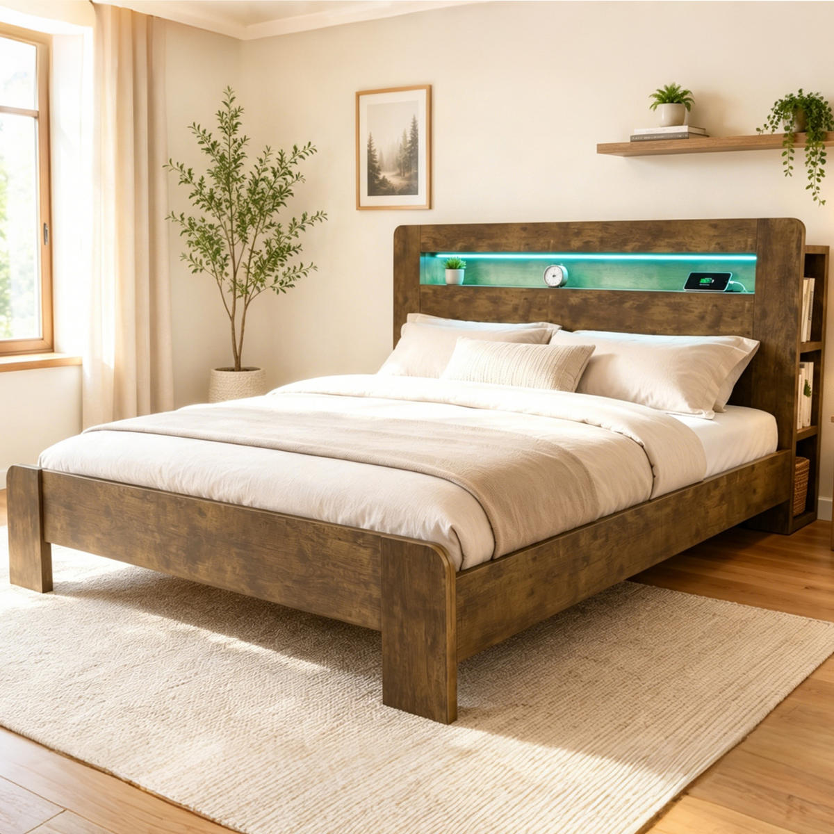 POLSTERBETT 180/200 cm Holzfarbe mit LED-Beleuchtung und integrierte Steckdosen - Eichefarben, Holz (180/200cm) - Oxeza