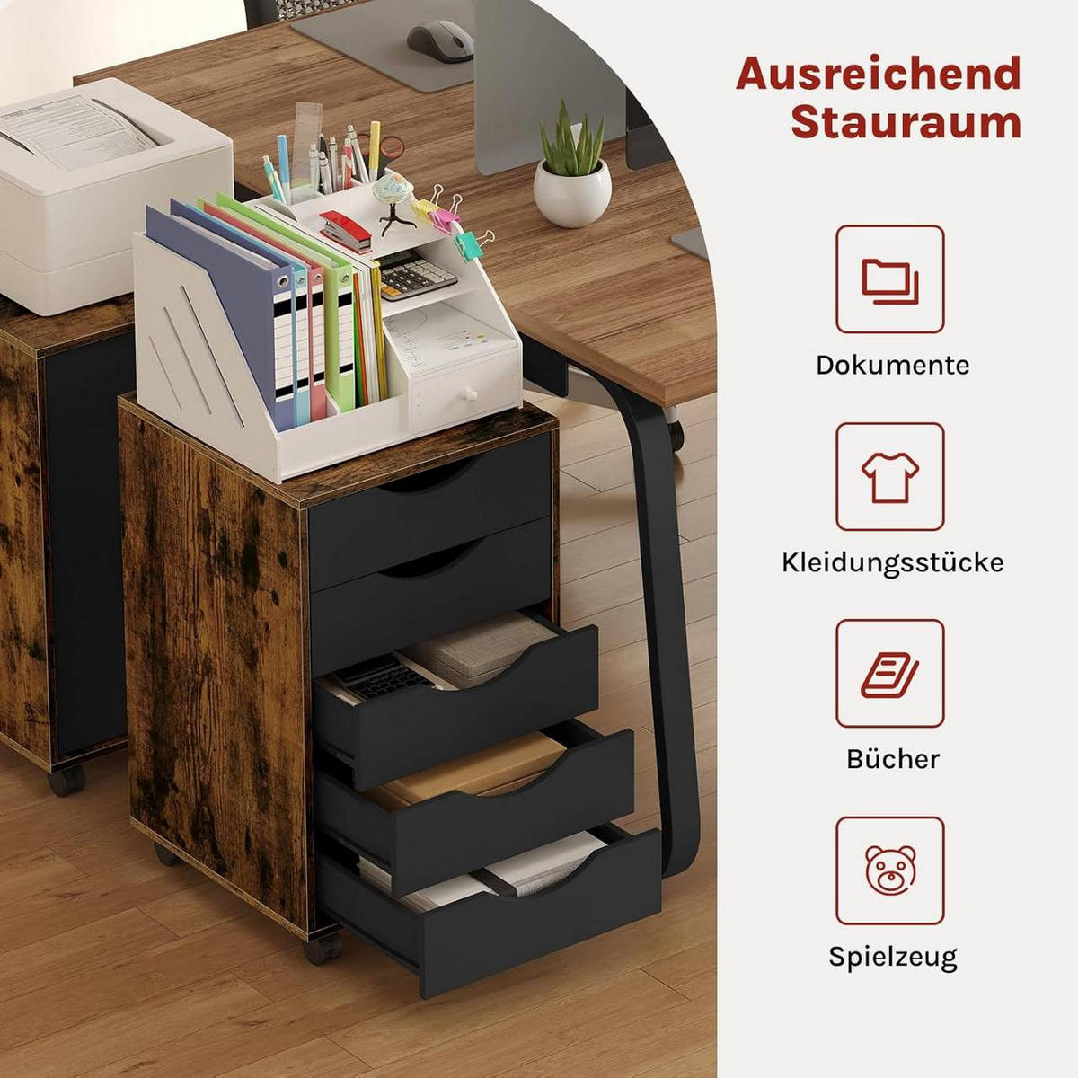 ROLLCONTAINER mit 5 Schubladen, Rustikales Braun - Dunkelbraun/Schwarz, Holzwerkstoff (40/66.5/40cm) - Woltu