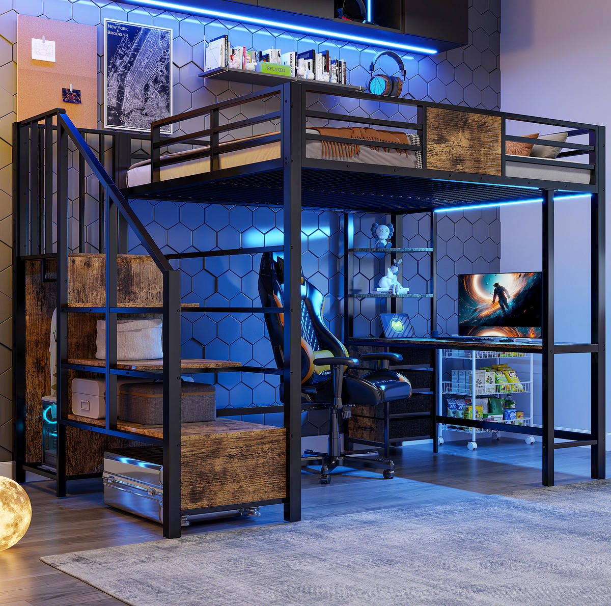 HOCHBETT 140/200 cm aus Metall mit Schreibtisch, Ablagen, Kleiderstange und LED Schwarz - Schwarz, Metall (140/200cm) - Modenvie