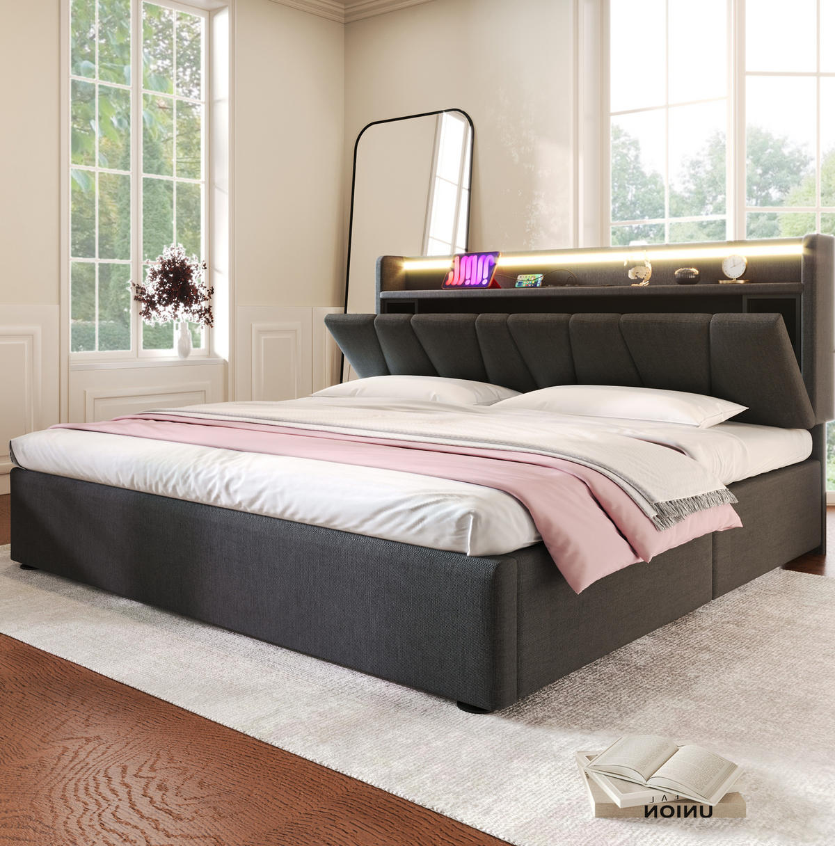 POLSTERBETT 140/190 cm mit LED, USB, Steckdosen, Stauraum-Kopfteil und Bettkasten, Leinen, Grau - Grau, Textil (140/190cm) - Redom