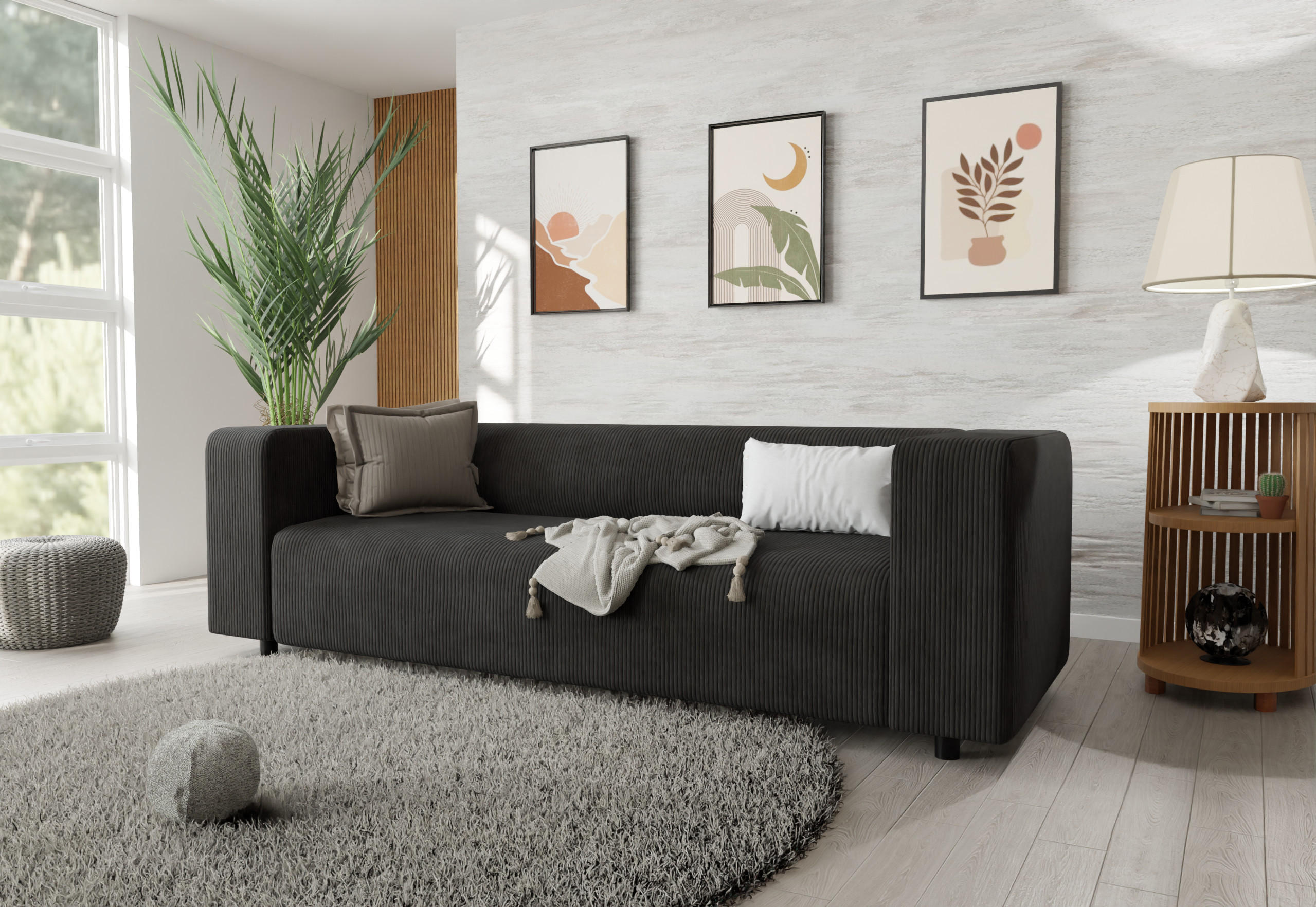 3-SITZER-SOFA Tove Schwarz Cord - Schwarz, Holz/Kunststoff (135/65/80cm) - S-Style Möbel
