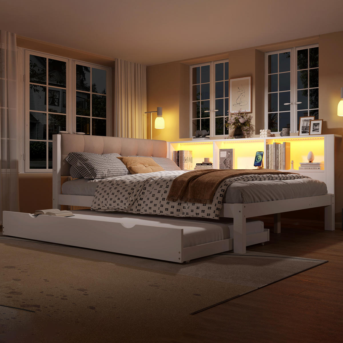 TAGESBETT 140/200 cm Weiß aus Kiefernholz und MDF mit Ausziehbett, Regal, USB-Anschluss und LED-Leiste - Weiß, Holz (140/200cm) - OKMYHOME