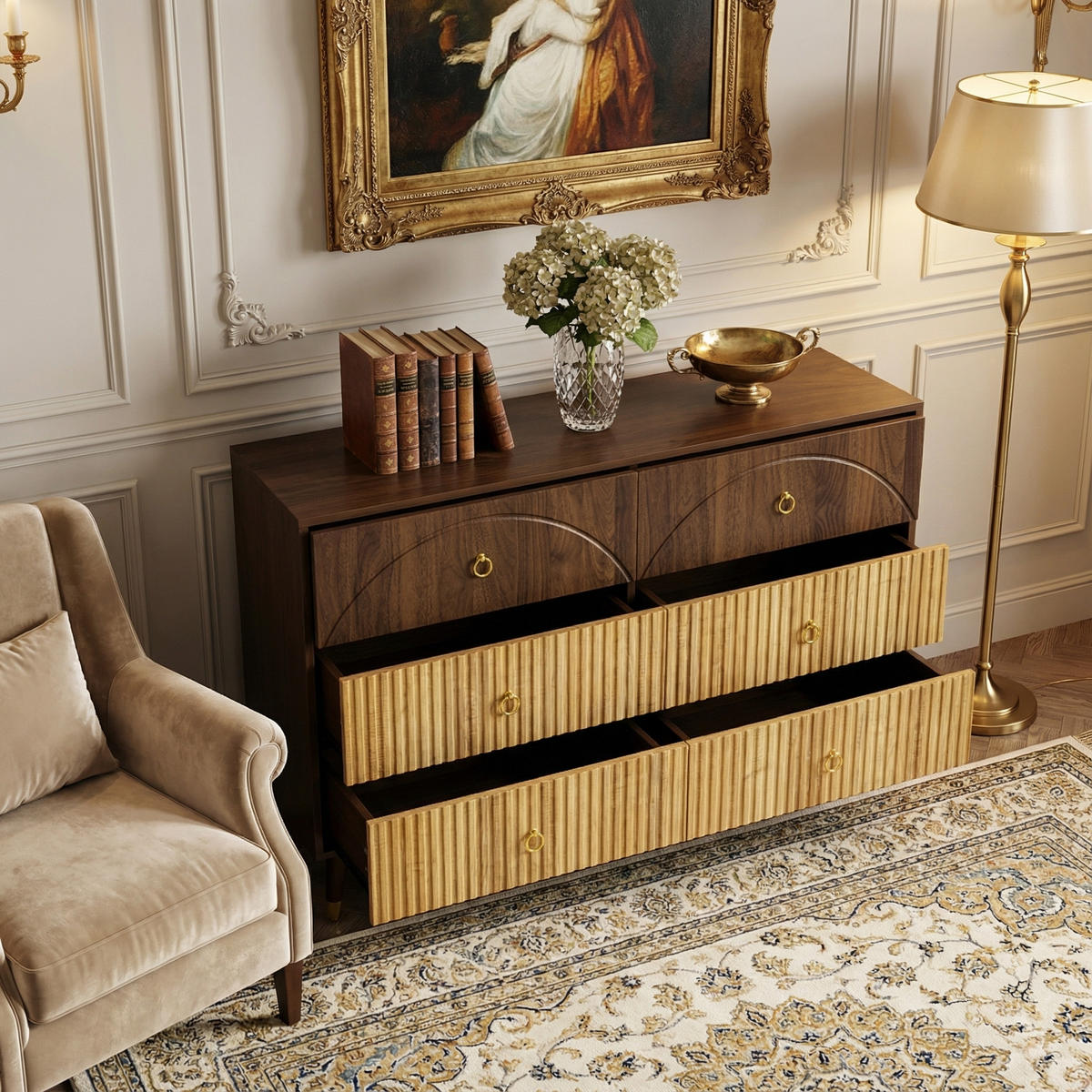 SIDEBOARD 120cm in Dunkelbraun & Natur mit 6 Schubladen - Eichefarben, Holzwerkstoff (120/81/40cm) - Urban Meuble