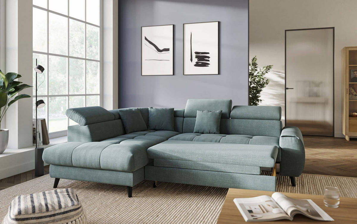 ECKSCHLAFSOFA mit Bettkasten und induktiver Ladefläche + LED - Schwarz/Grün, Holz/Textil (246/195cm) - Cotta