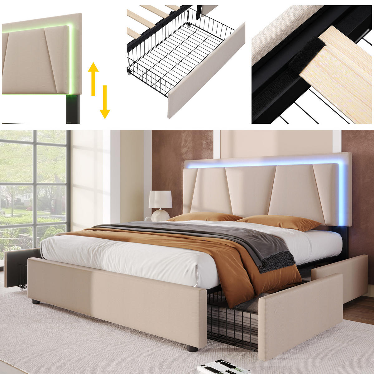 POLSTERBETT 160/200 cm beige mit LED-Beleuchtung und 4 Schubladen, höhenverstellbarem Kopfteil - Beige, Holz (160/200cm) - OKWISH