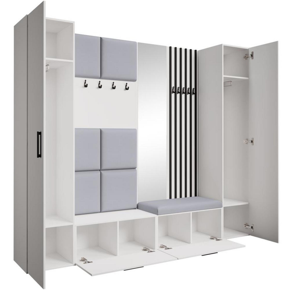 GARDEROBE Margaret XL 242/203/43 mit gepolsterten Paneelen/Lamellen/Spiegel - Schwarz/Weiß, Holzwerkstoff/Kunststoff (242/203/43cm) - Beautysofa