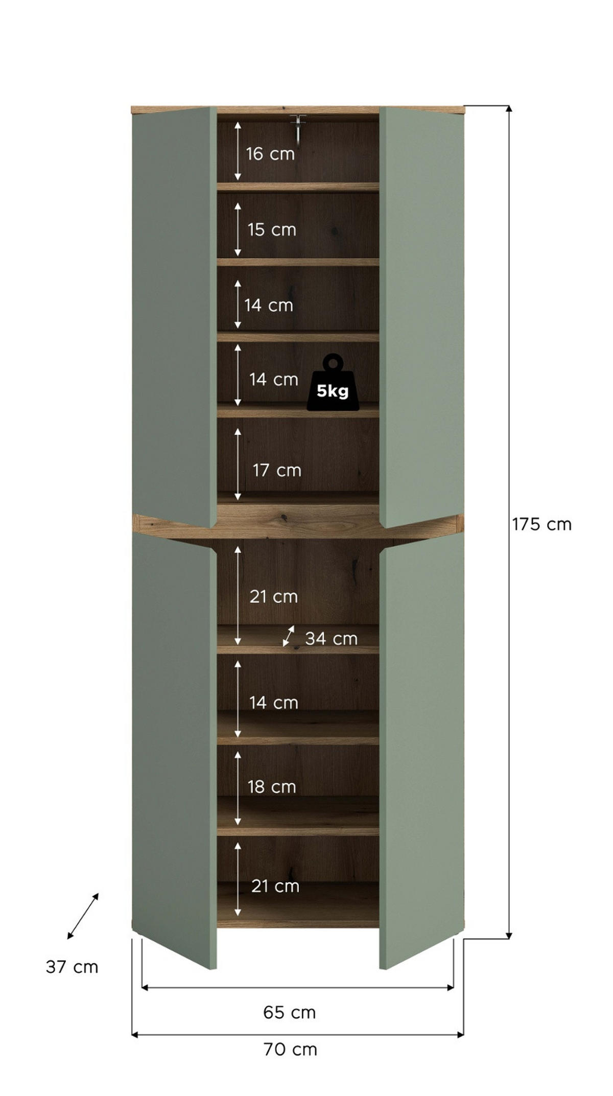 MEHRZWECKSCHRANK grün, Evoke Eiche 70 x 175 cm, Stauraumschrank 4-türig mit 9 Fächern - Eichefarben/Schwarz, Holzwerkstoff/Kunststoff (70/175/37cm) - Inn.Furn
