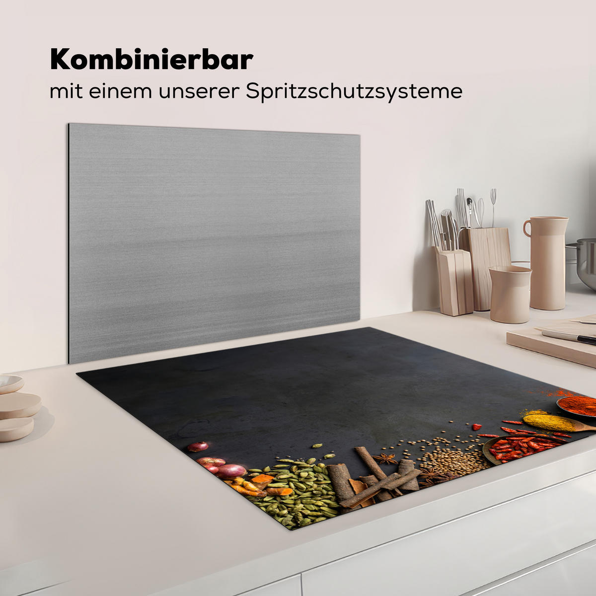 HERDABDECKPLATTE Kräuter - Lebensmittel - Gewürze - Schwarz - Paprika - Zimt Induktionsmatte 78x78 cm - Currygelb, Kunststoff (78/78/0.2cm) - MuchoWow
