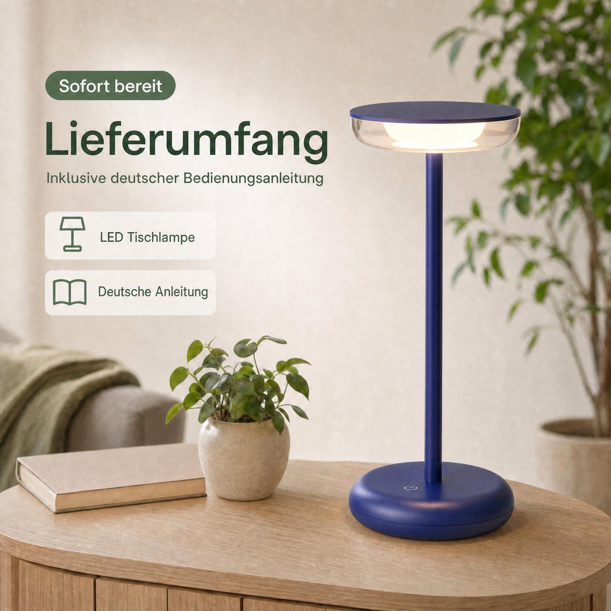 LED-TISCHLAMPE Blau Dimmbar Akku 1800mAh 180lm warmweiß Touch USB-C Nachttischleuchte Höhe 27,4 cm - Blau, Kunststoff (11/11/27.4cm) - Northpoint