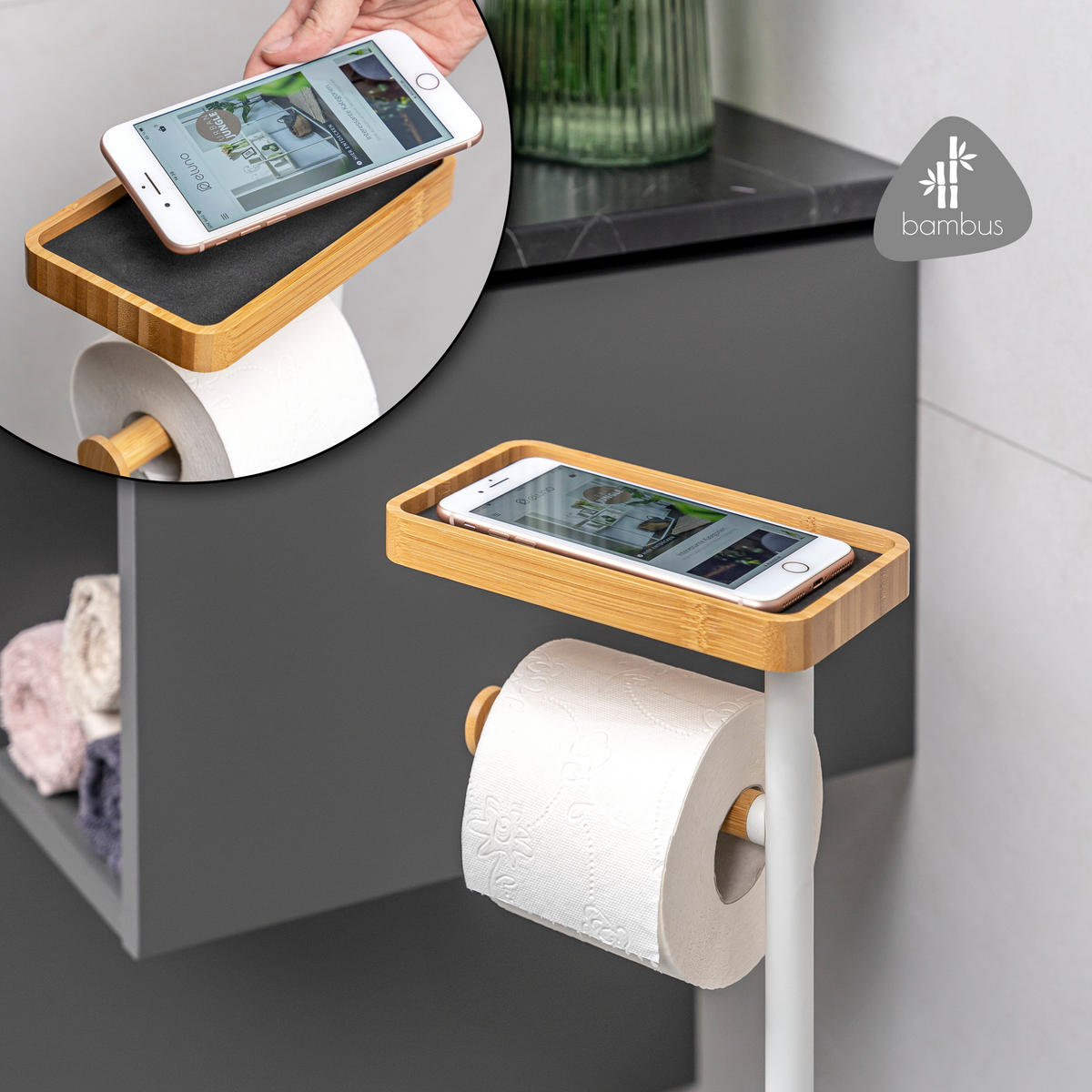 STAND-WC-GARNITUR 4in1, Bambus/Metall weiß - Weiß, Metall (30/68/18cm) - eluno