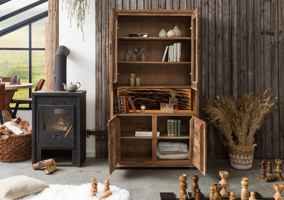 VITRINE Akazie 98x40x180 natur lackiert BARK #109 - Braun, Holz (98/180/40cm) - Massivmoebel24