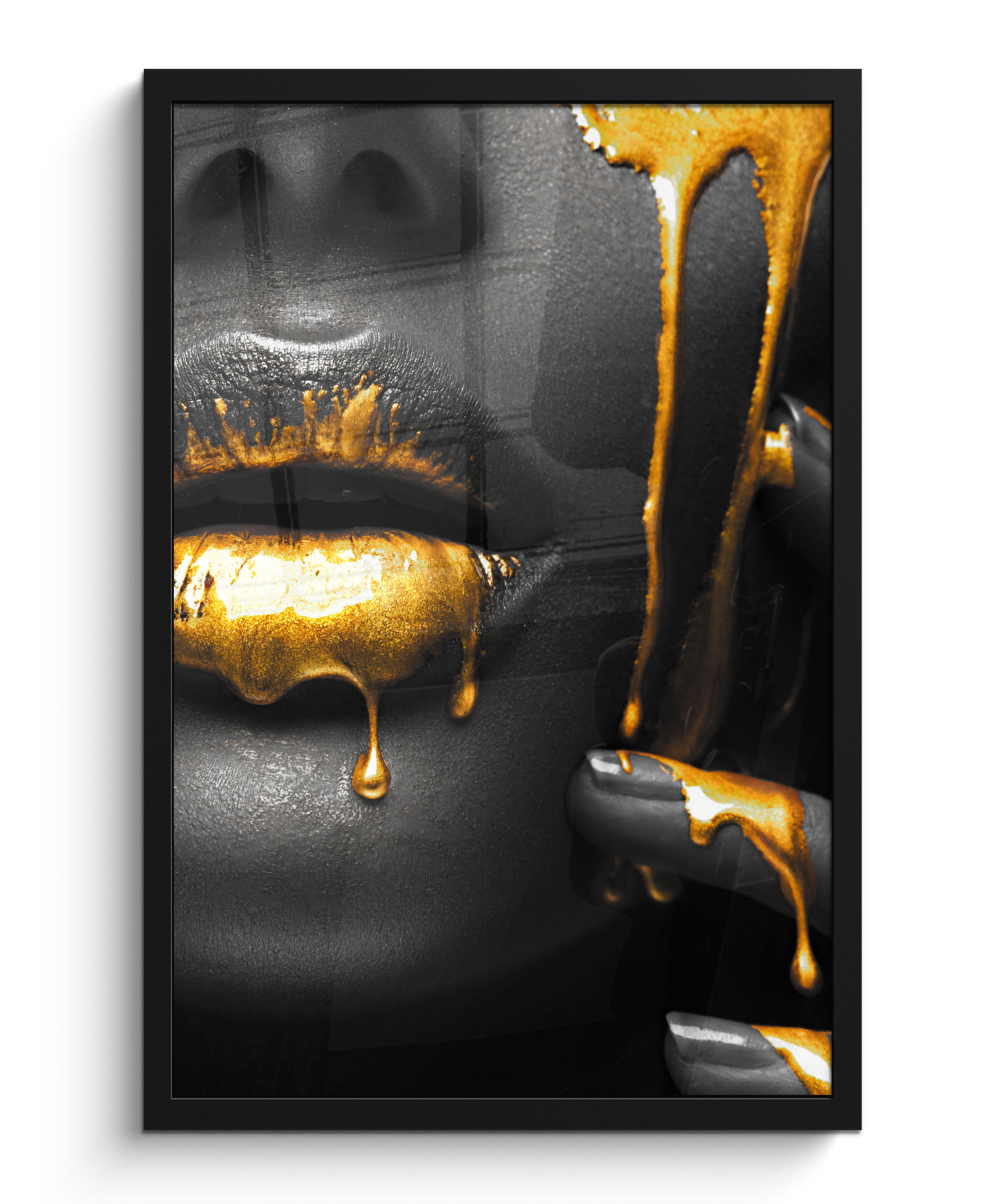 GERAHMTES BILD Frau - Schwarz - Gold - Gesicht - Lippen 40x60 cm - Goldfarben, Papier (40/60cm) - MuchoWow
