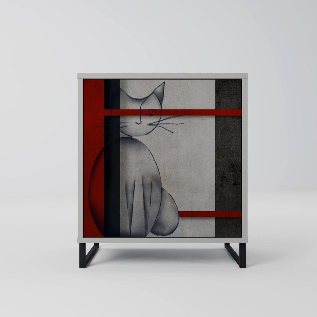 SIDEBOARD GRAY FIGURES, Grau, 57,5x42x72,5 cm, Schwarze Metallfüße - Multicolor/Schwarz, Holzwerkstoff/Metall (57.5/72.5/42cm) - SpaceRebels