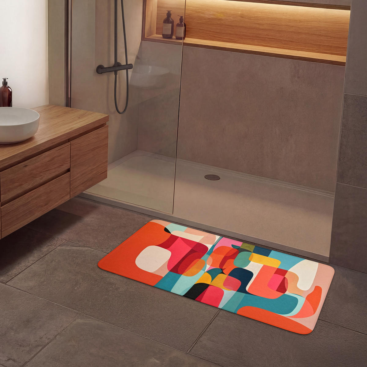 KOUPELNOVÁ PŘEDLOŽKA Tvary - barevné - abstraktní - letadla 120x60 cm - různobarevná, textil/plast (120/60cm) - OnlyWow