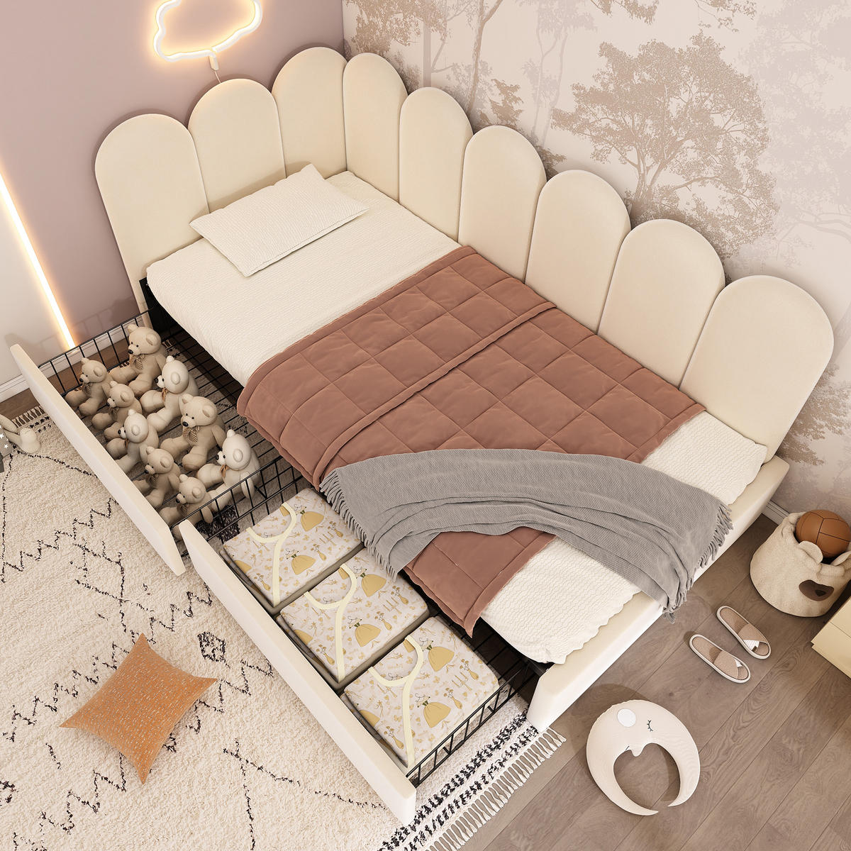 POLSTERBETT aus Samt 90x190 cm in Beige mit 2 Schubladen - Beige, Textil (90/190cm) - Modfu