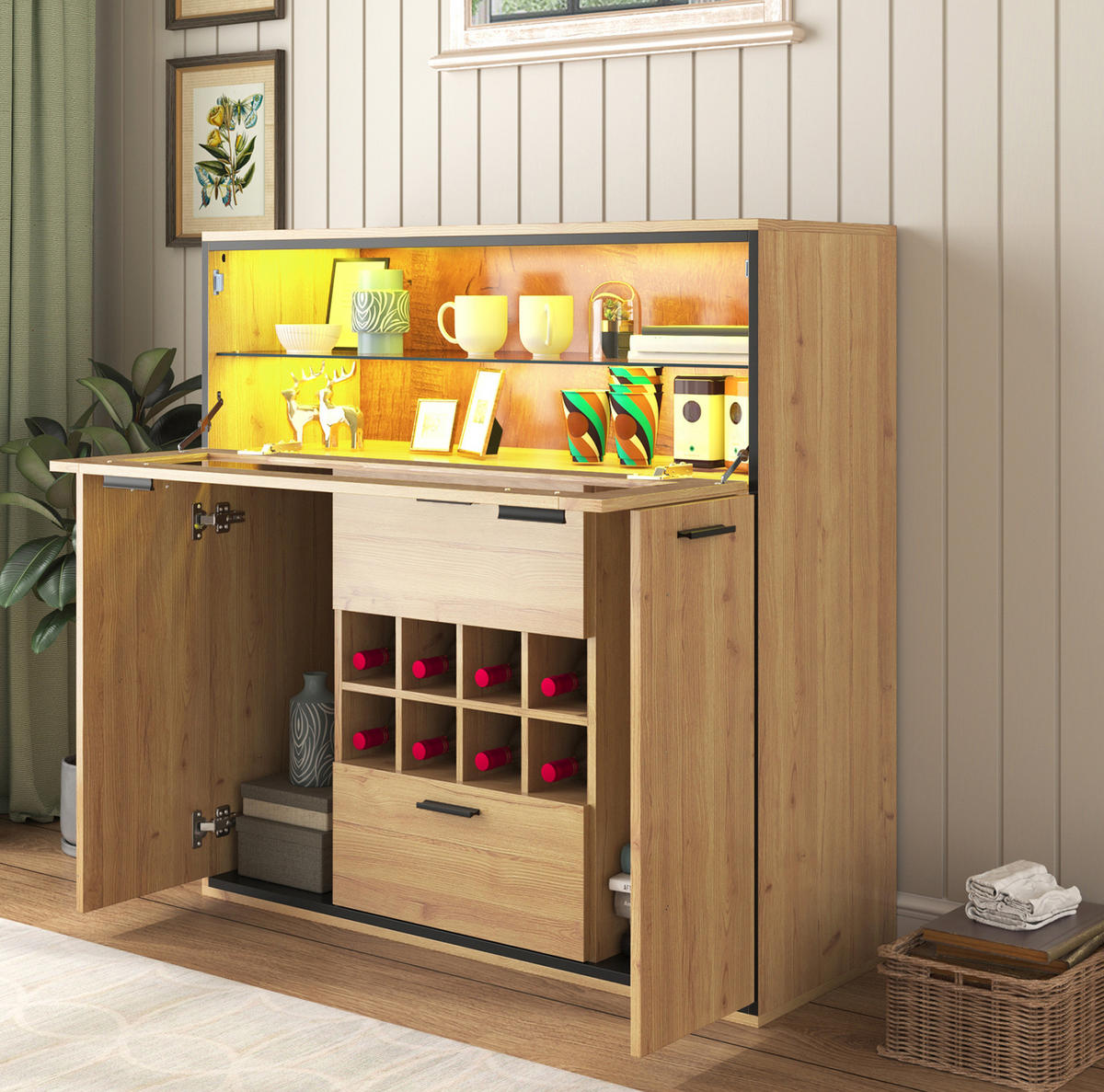 SIDEBOARD mit Weinregal 110 x 38 x 111 cm Holzoptik Schwarz - Braun, Holzwerkstoff (110/111/38cm) - Meubliv