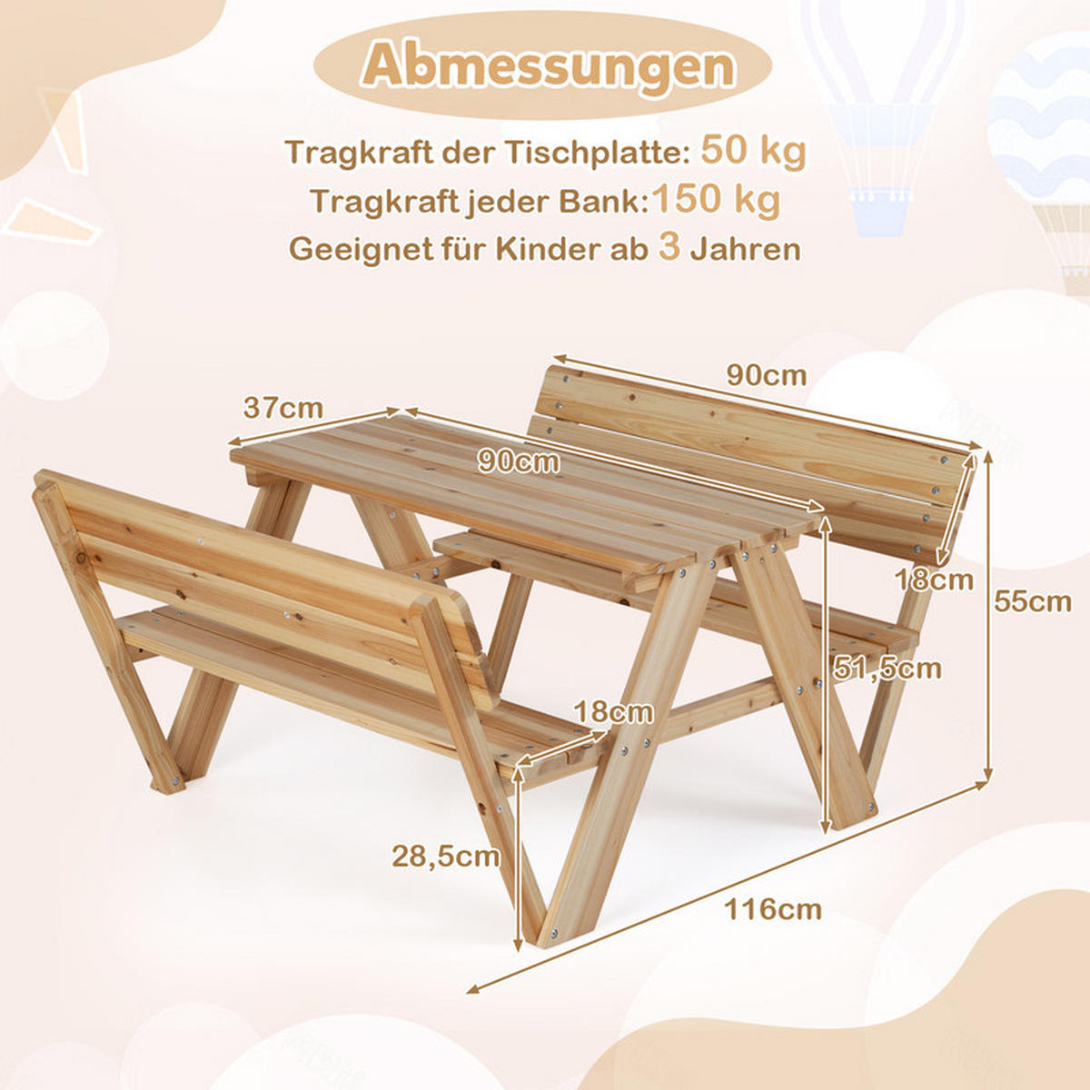 KINDERGARTENTISCH mit Sitzbänken natur - Naturfarben, Holz - COSTWAY