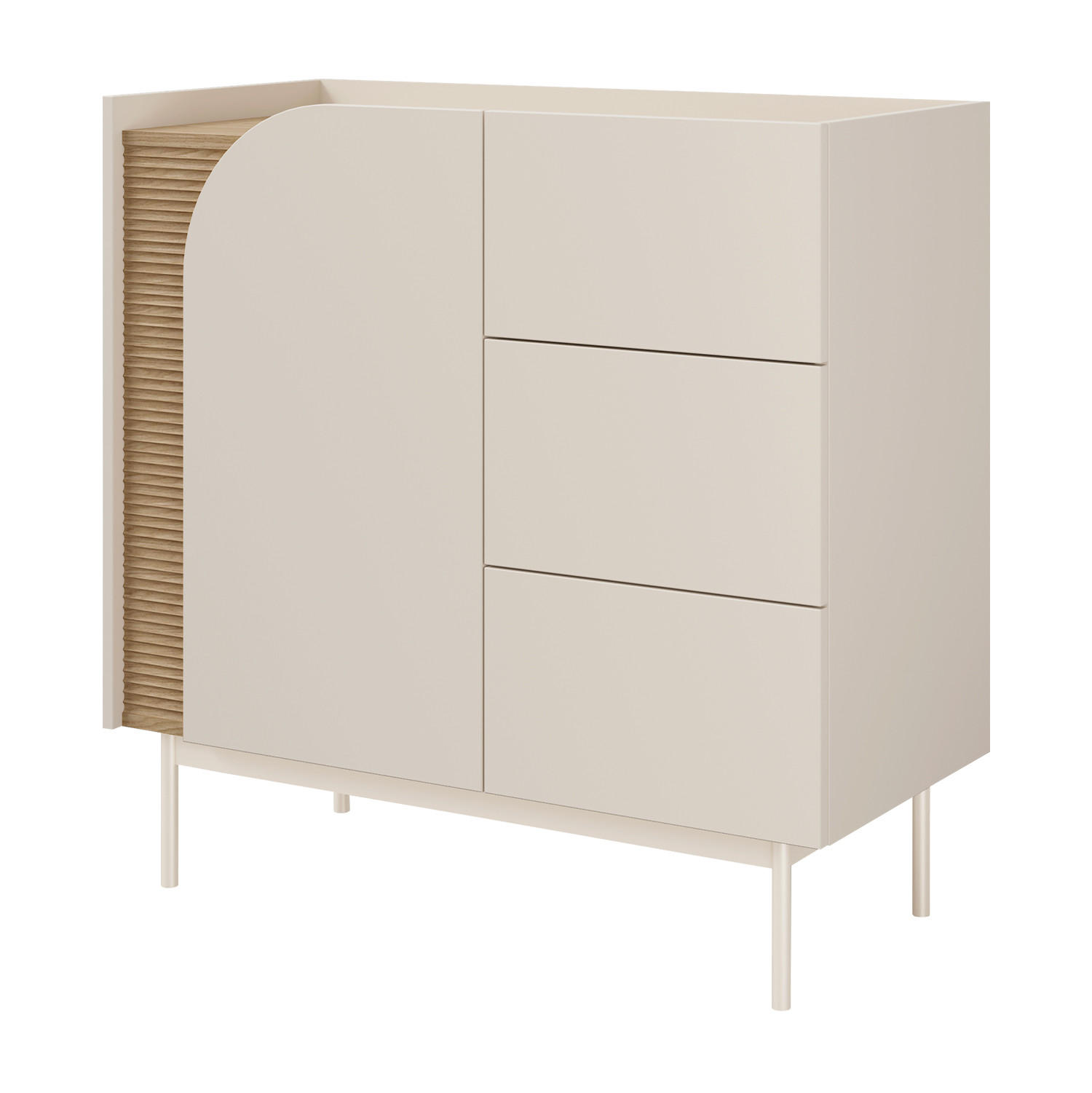 KOMMODE Camel mit 1 Tür und 3 Schubladen, geriffeltem Detail, 90 cm, Frühlingseiche + Macadamia - Eichefarben/Beige, Holzwerkstoff/Metall (92/90/42cm) - Beautysofa