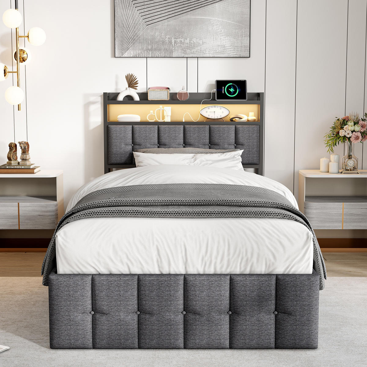 POLSTERBETT 90x200 cm Smart-Sleep Pro mit Hydraulik-Stauraum, RGB-LED & Ladestation, Leinen-Optik, Grau - Grau, Textil (90/200cm) - DELFA