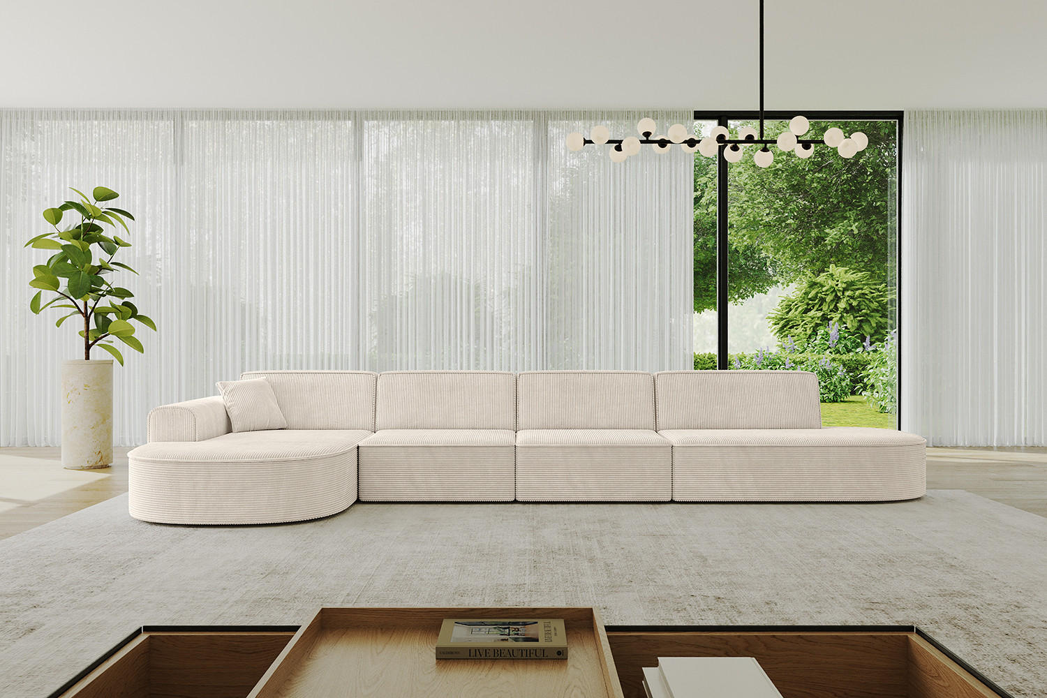 ECKSOFA Ottomane Links MARI-L3 - 402x163x73,5 cm Beige Cord - Beige/Schwarz, Holzwerkstoff/Kunststoff (165/406cm) - ALTDECOR