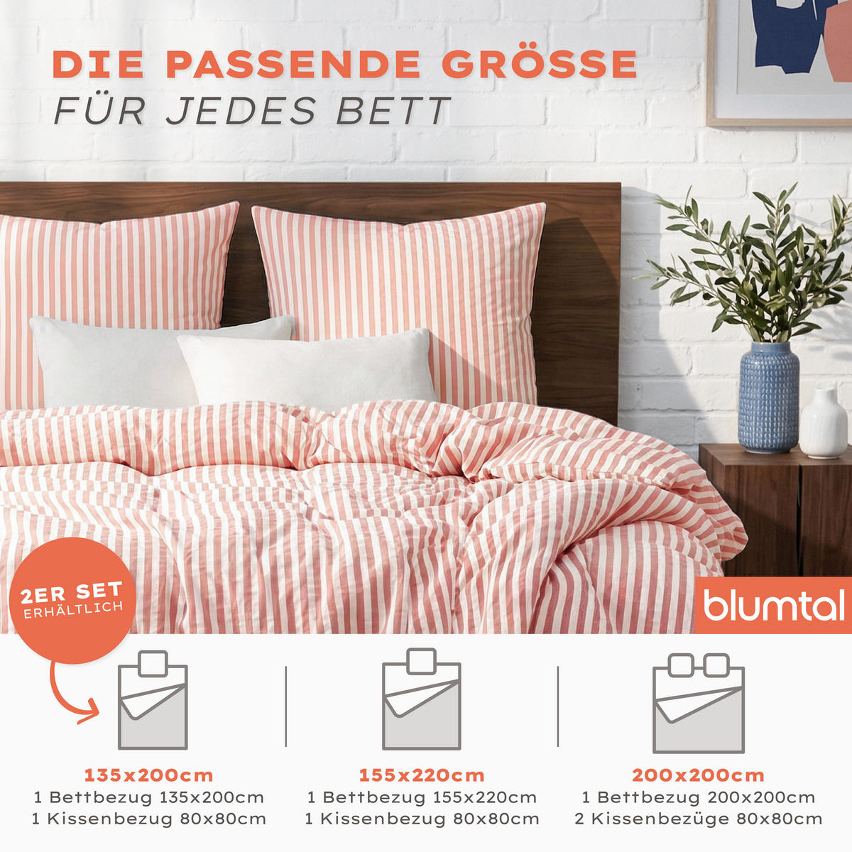 BETTWÄSCHE Seersucker, 3-teilig, 200/200 cm & 80/80 cm, Hellrot - Hellrot, Textil (200/200cm) - Blumtal