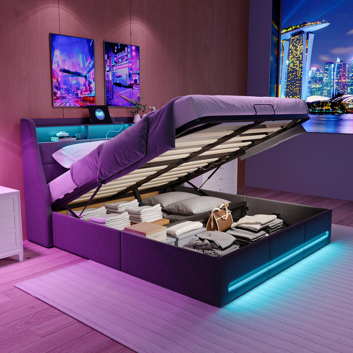 POLSTERBETT 160x200 cm LED USB Stauraum Kopfteil Lattenrost Leinen grau - Grau, Holz (160/200cm) - LEBENLANG